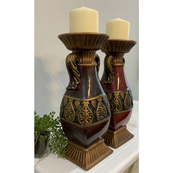Vtg Ceramic Ornate Burgundy Red Black Gold Acanthus Leaf Pillar Candle Holders - Picture 3 of 8
